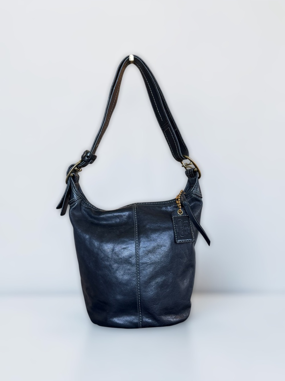Vintage Coach Bleecker Tattersall Duffle 11422 Black Leather Crossbody Shoulder